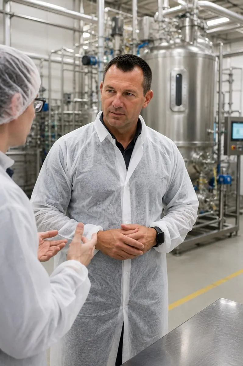Nicolas Rousseau visiting an ingredient production site in hygiene gear