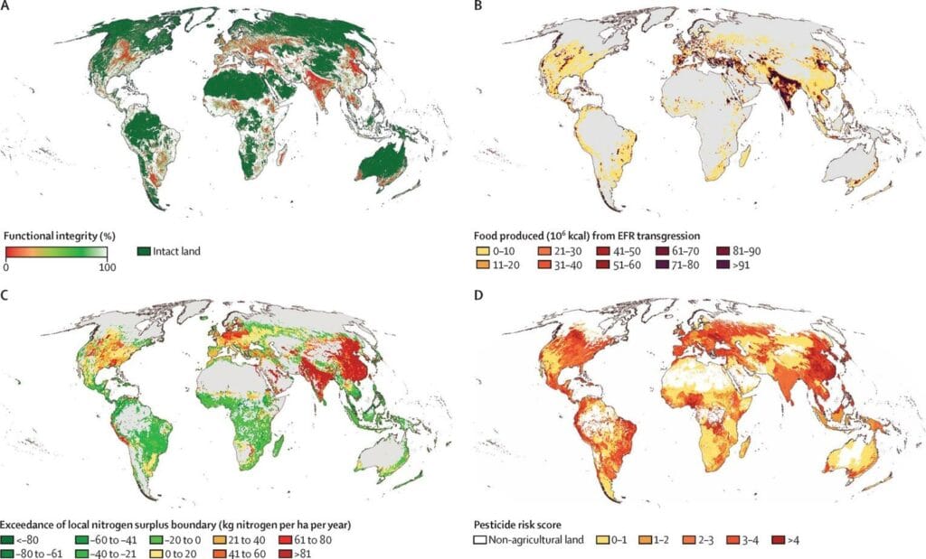 The environmental pressures of the food system are concentrated in a few “hotspots”: India, China, Europe and the Middle East. The scope for progress is greatest there. Source: Eat-Lancet 2025